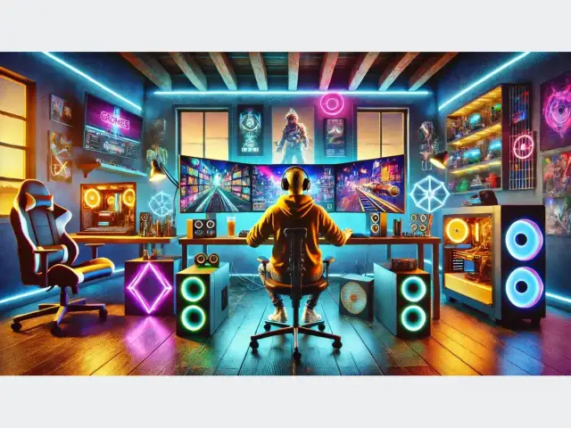 Gracz w słuchawkach zanurzony w świecie popularnych gier komputerowych, otoczony neonowym blaskiem i potężnym sprzętem.
