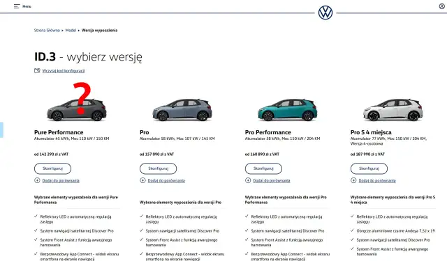 Porównanie wersji Volkswagena ID.3: Pure, Pro, Pro Performance, Pro S 4 miejsca. Zastanawiasz się, dlaczego nie warto kupować nowego samochodu? Sprawdź ceny i wyposażenie.