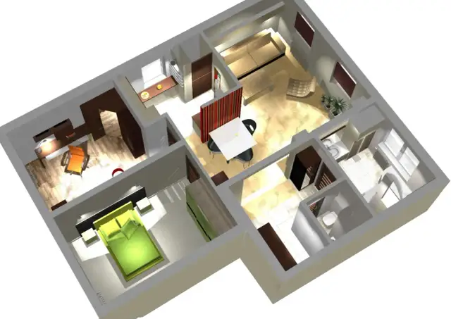 Wizualizacja mieszkania z sypialnią, salonem, kuchnią i łazienką. Dobry design w każdym pomieszczeniu, od biurka po wygodną kanapę.