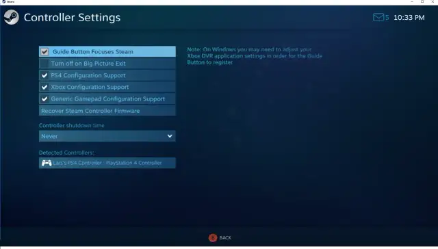 Ustawienia kontrolera Steam: zaznaczone opcje wsparcia dla kontrolerów PS4, Xbox i generycznych.