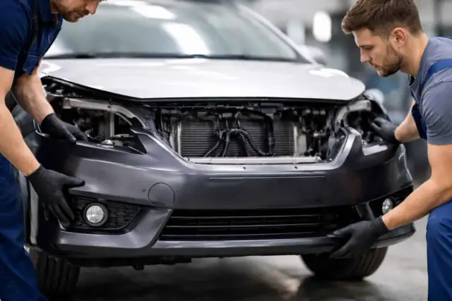 Dwóch mechaników w czarnych rękawiczkach przygląda się przedniemu zderzakowi samochodu. Dowiedz się, jak naprawić pęknięty zderzak plastikowy domowym sposobem.