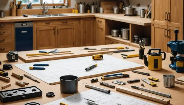 Narzędzia i plany na drewnianym stole w kuchni, gotowe do pracy.