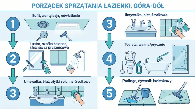 Instrukcja jak sprzątać łazienkę od góry do dołu: sufit, lustra, umywalka, toaleta, wanna, podłoga.