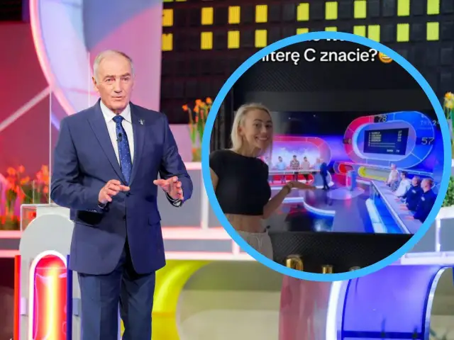 Prowadzący Familiady pyta o rodzaje orzechów. W tle widać uczestników gry i planszę z wynikami.