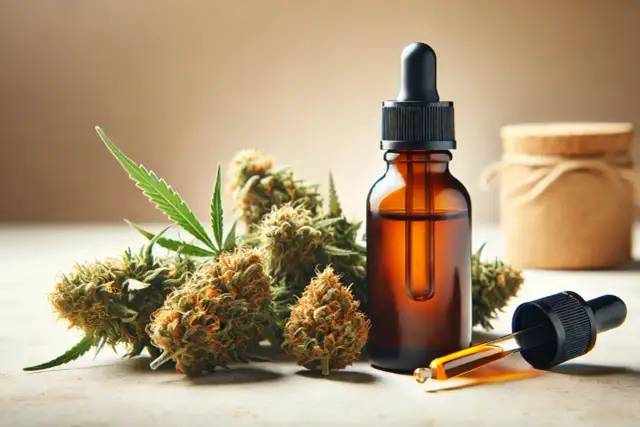 Butelka olejku CBD, pąki konopi i pipeta z kroplą olejku.