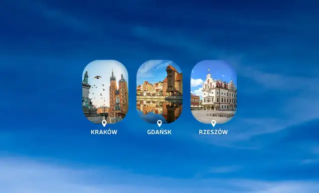Trzy okrągłe zdjęcia polskich miast: Kraków, Gdańsk i Rzeszów, na tle niebieskiego nieba.