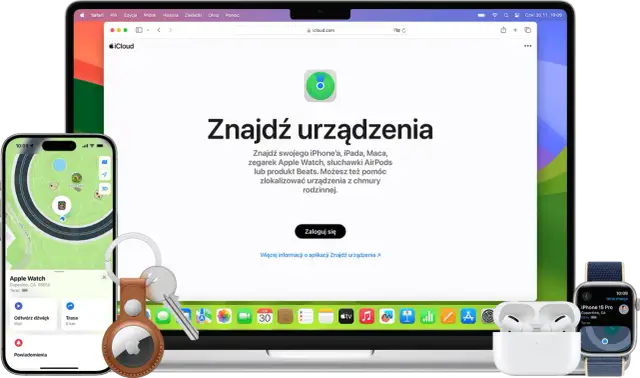 Jak znaleźć iPhone'a? Na ekranie komputera widzisz aplikację iCloud "Znajdź urządzenia". Obok leży iPhone z mapą, klucze z AirTagiem i słuchawki.