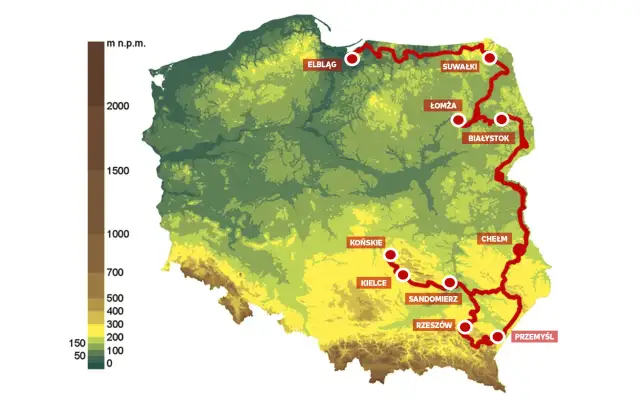 Mapa Polski z zaznaczonymi trasami rowerowymi, w tym szlakami prowadzącymi przez Białystok. Widoczne są różne wysokości nad poziomem morza.