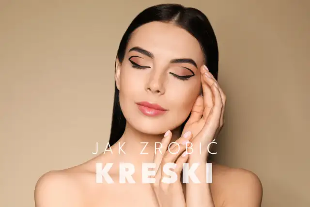 Kobieta z perfekcyjną kreską eyelinerem na oku, delikatnie dotyka twarzy.
