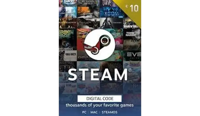 Karta podarunkowa Steam z logo i okładkami gier, o wartości 10 €.