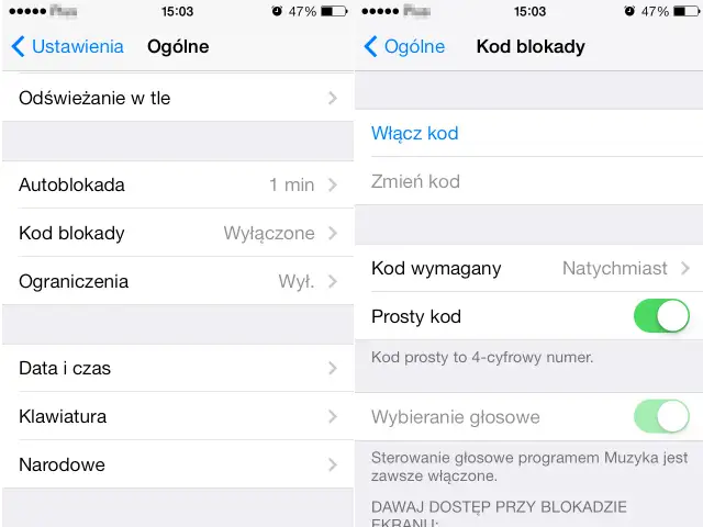 Ekran iPhone'a pokazuje ustawienia "Ogólne", gdzie można zobaczyć opcję "Kod blokady". Aby zmienić kod w iPhone, należy przejść do tej sekcji.