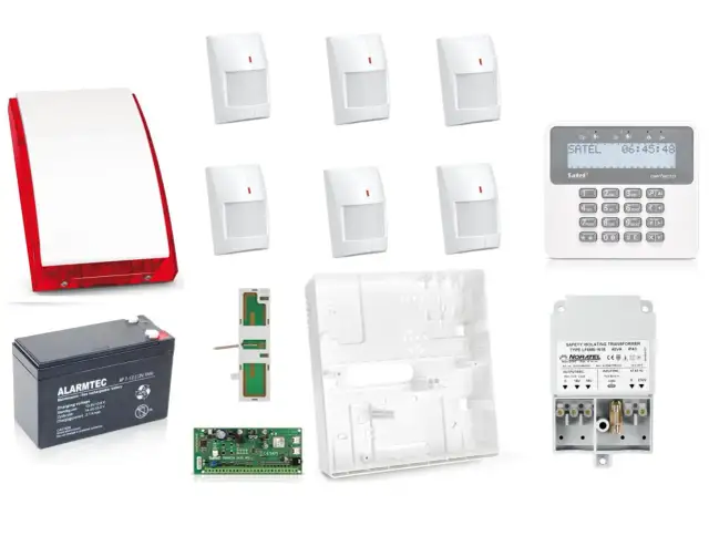 Zestaw alarmowy Satel: czujki ruchu, centrala, sygnalizator, akumulator i transformator.