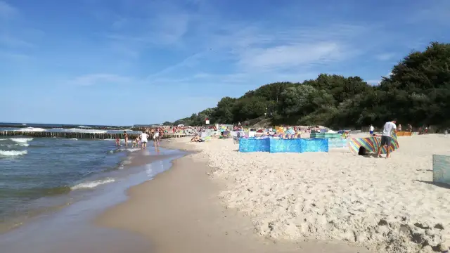 Sianożęty atrakcje: plaża pełna ludzi, falochrony w morzu, zielony las w tle.