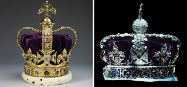 Dwie korony królewskie, jedna złota z purpurowym aksamitem i krzyżem, druga bogato zdobiona diamentami. Obie symbolizują władzę, jak korona królowej Anglii.