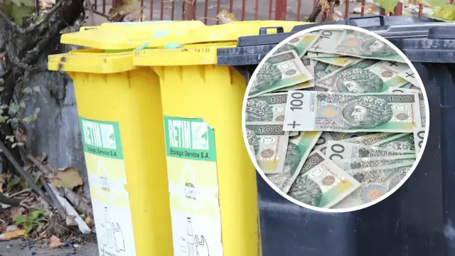 Żółte kosze na śmieci i stos banknotów 100 zł. Obrazek sugeruje, jak zapłacić za śmieci, pokazując, że kosztuje to pieniądze.