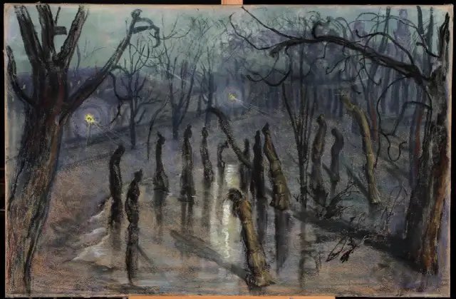 Mroczny las, gdzie światło latarni przebija się przez mgłę, a postacie w wodzie sugerują demitologizację w weselu.