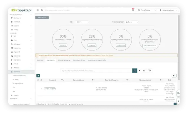 Ekran aplikacji z danymi o pracownikach, deklaracjach PIT i brakach w rozliczeniach.