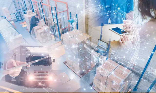 Nowoczesne zarządzanie zamówieniami w magazynie: pracownicy, ciężarówka, paczki i cyfrowa sieć globalna.