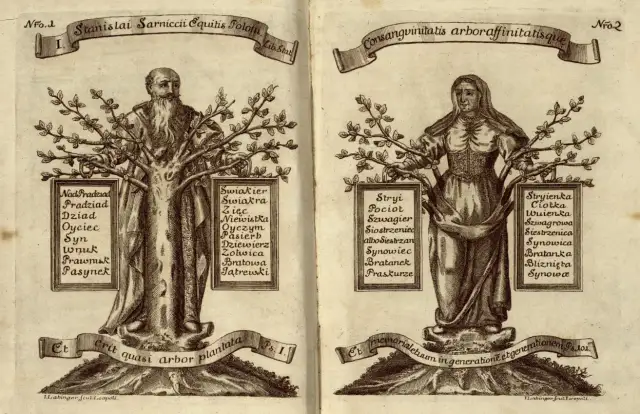 Drzewo genealogiczne z wizerunkami mężczyzny i kobiety, z listami pokrewieństwa. Czy siostrzeniec i wujek to to samo? Nie, to różne relacje rodzinne.