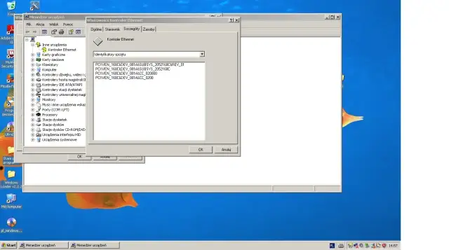 Menedżer urządzeń Windows 11 pokazuje właściwości kontrolera Ethernet. Widoczne identyfikatory sprzętu.
