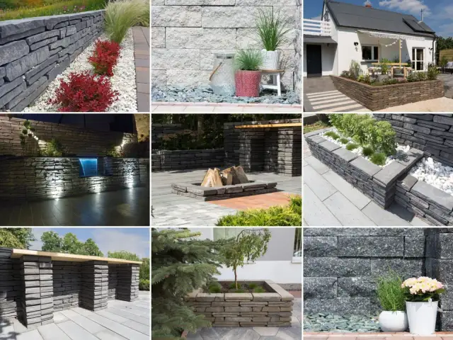 Inspirujący pomysł na murek w ogrodzie: kamienne obrzeża, palenisko, wodospad, pergola i donice.