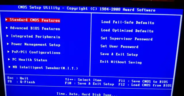 Ekran BIOS Gigabyte. Menu zawiera opcje takie jak "Standard CMOS Features", "Advanced BIOS Features" i "MB Intelligent Tweaker". Można tu znaleźć wskazówki, jak zaktualizować BIOS Gigabyte.