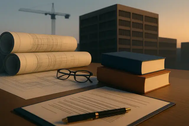Plany budowlane, okulary i książki na biurku. Jak sprawdzić pozwolenie na budowę? W tle budynek i dźwig.