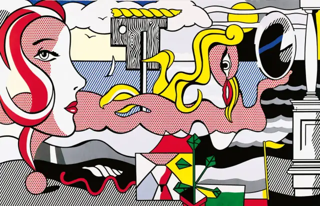 Pop art w stylu Roy Lichtensteina: kobieta z czerwoną falującą fryzurą, fale, żaglówka i odbicie w lustrze. Łatwe do rozpoznania.