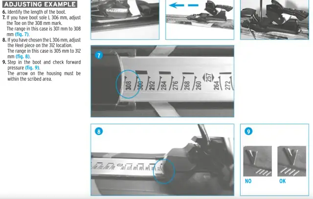Instrukcja jak ustawić narty: dopasuj długość buta do znacznika 308 mm, a następnie piętkę na 312 mm. Sprawdź nacisk.