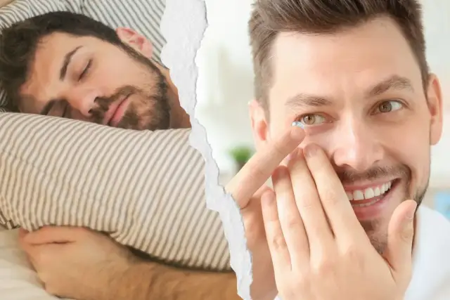 Mężczyzna śpi na poduszce i mężczyzna zakłada soczewkę kontaktową.