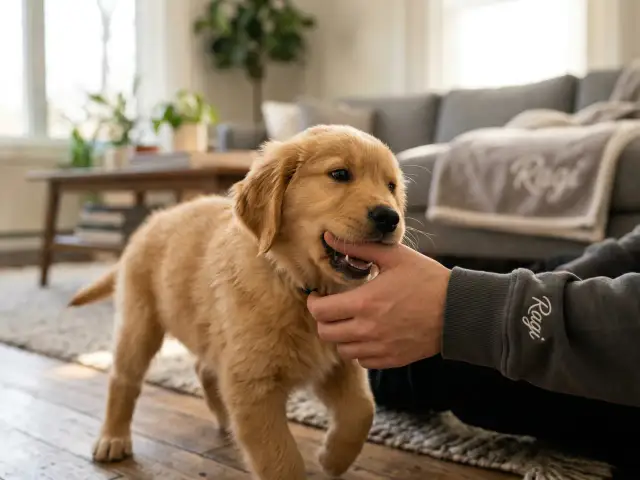 Szczeniak golden retriever gryzie rękę, ucząc się, jak oduczyć psa warczenia na domowników.