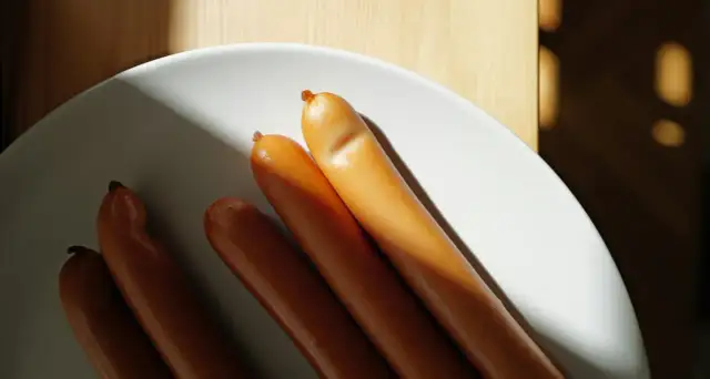 Kilka parówek na białym talerzu, oświetlone światłem słonecznym.