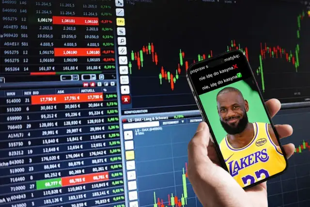 Czy giełda to hazard? Na ekranie telefonu LeBron James z pytaniem, czy idzie do kasy. Wykresy giełdowe w tle.