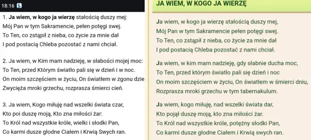 Fragment tekstu piosenki "Ja wiem, w kogo ja wierzę" z numeracją zwrotek.
