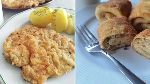 Kotlet schabowy z ziemniakami i krokiety z kapustą i grzybami na talerzach.