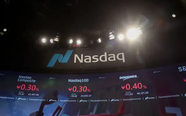 Duży ekran z logo Nasdaq i danymi giełdowymi. Dowiedz się, nasdaq co to jest i jak działa rynek.