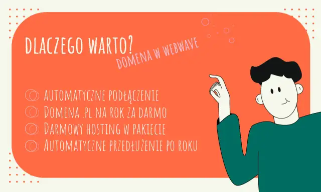Ilustracja z napisem "Dlaczego warto?" i listą korzyści, obok postać wskazująca palcem.