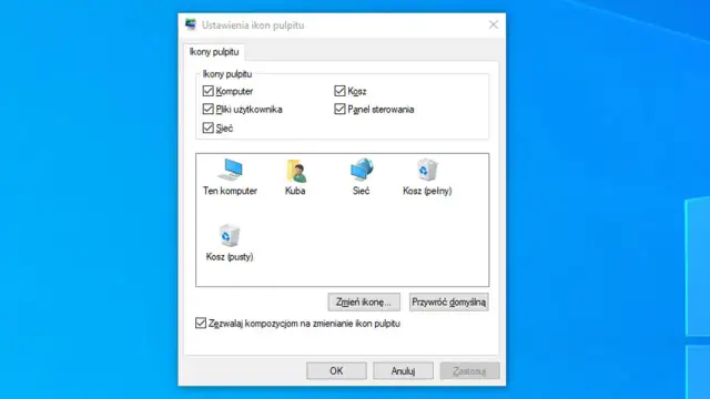 Ustawienia ikon pulpitu: jak usunąć ikonę z pulpitu, odznaczając ją na liście lub wybierając "Zmień ikonę".