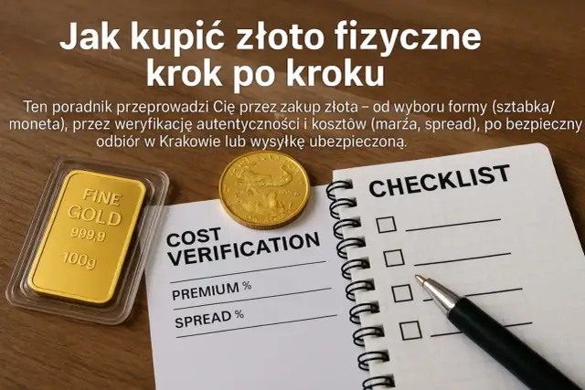 Złota sztabka i moneta obok dokumentów "Cost Verification" i "Checklist" ilustrują, jak kupić złoto inwestycyjne krok po kroku.