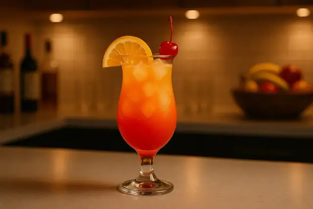 Kolorowy drink Sex on the Beach przepis, z pomarańczą i wiśnią, gotowy do podania.