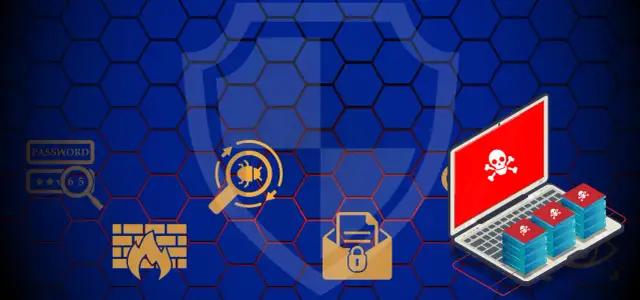 Ilustracja pokazuje zagrożenia cybernetyczne: laptop z czaszką, stosy serwerów z czaszkami, lupa z robakiem, zablokowana koperta, hasło i zapora ogniowa. To pokazuje, co to botnet.