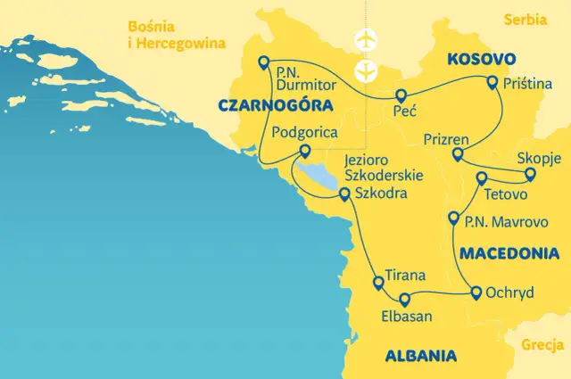 Mapa turystyczna Bałkanów z zaznaczonymi trasami i miastami. Kosowo atrakcje: Priština, Prizren, Peć.