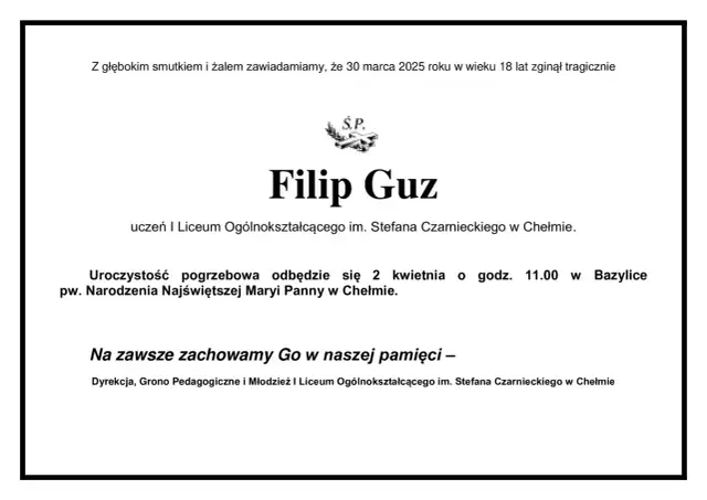 Kondolencje z informacją o pogrzebie Filipa G. ucznia I Liceum Ogólnokształcącego w Chełmie.