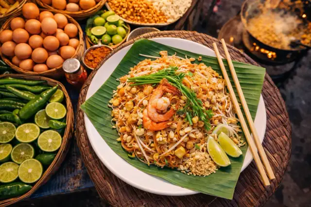 Talerz Pad Thai z krewetkami, posypany orzeszkami, na liściu bananowca, obok składniki.