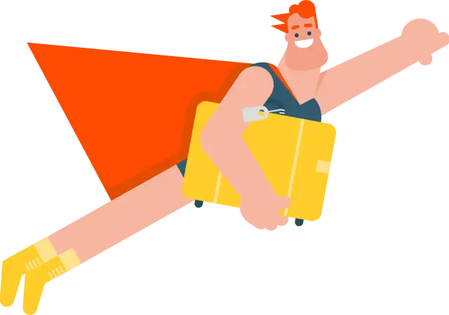 Cartoon man with orange cape and yellow boots flying with a yellow suitcase.
