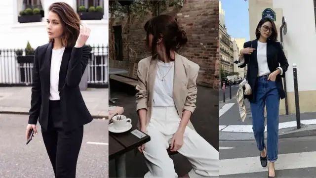 Eleganckie stylizacje z t shirt pod marynarkę: czarny garnitur, beżowa marynarka z białymi spodniami, czarna marynarka z jeansami.