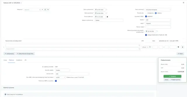 Formularz faktury VAT dla eksportu usług poza UE. Wpisano dane nabywcy, daty, walutę EUR i język angielski.