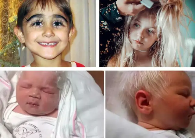 Dziecko z siwymi włosami, noworodek i dziewczynka z blond włosami.