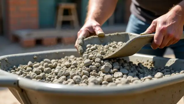 Mocny beton proporcje: ręce wsypują kruszywo do taczki, przygotowując mieszankę.