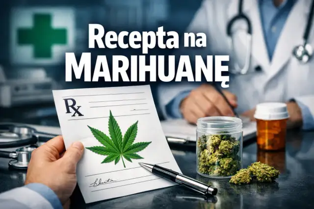 Recepta z liściem marihuany, lekarz pisze, słoik z suszem.